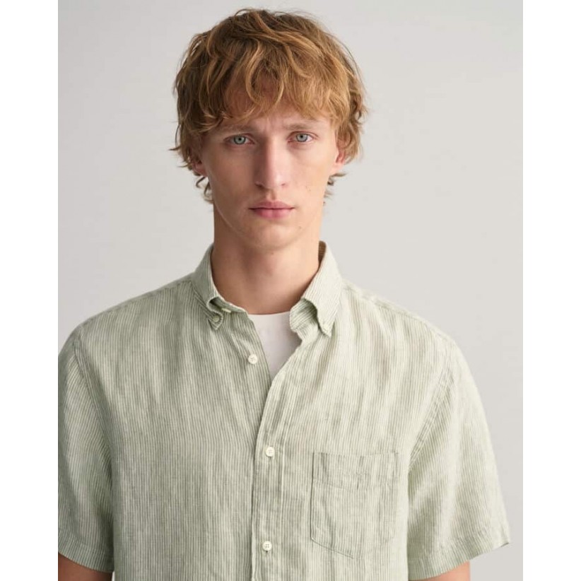 GantSkjorteSSRegLinenStripedShirtGreenStripe-01